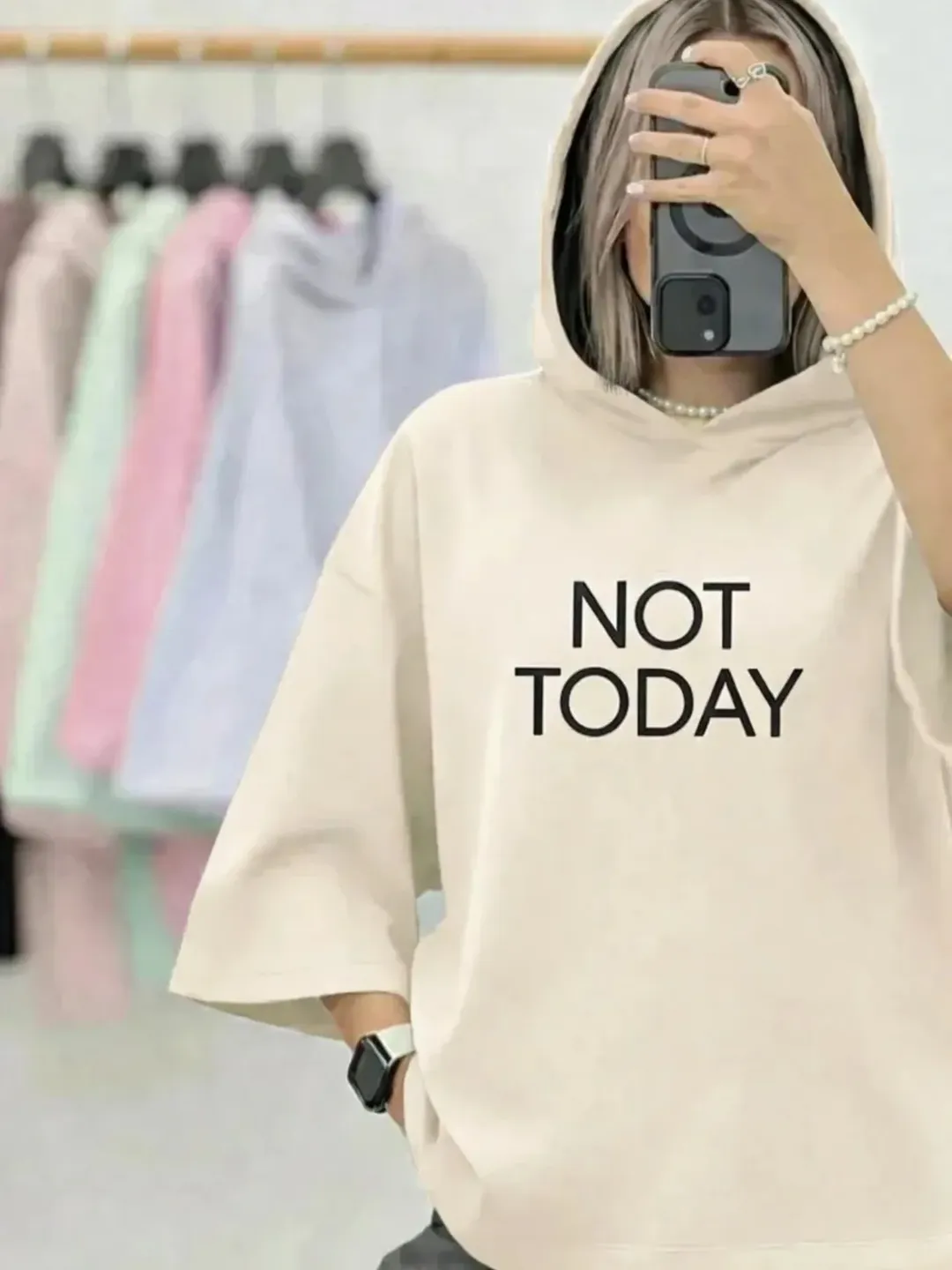 تیشرت باکسی کلاه دار NOT TODAY | فروشگاه الاستایل