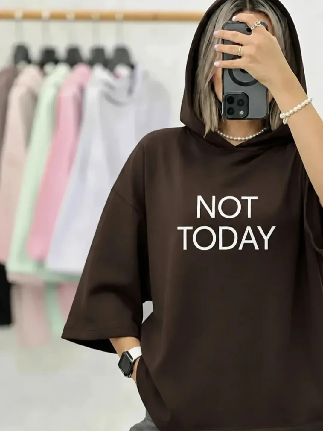 تیشرت باکسی کلاه دار NOT TODAY | فروشگاه الاستایل