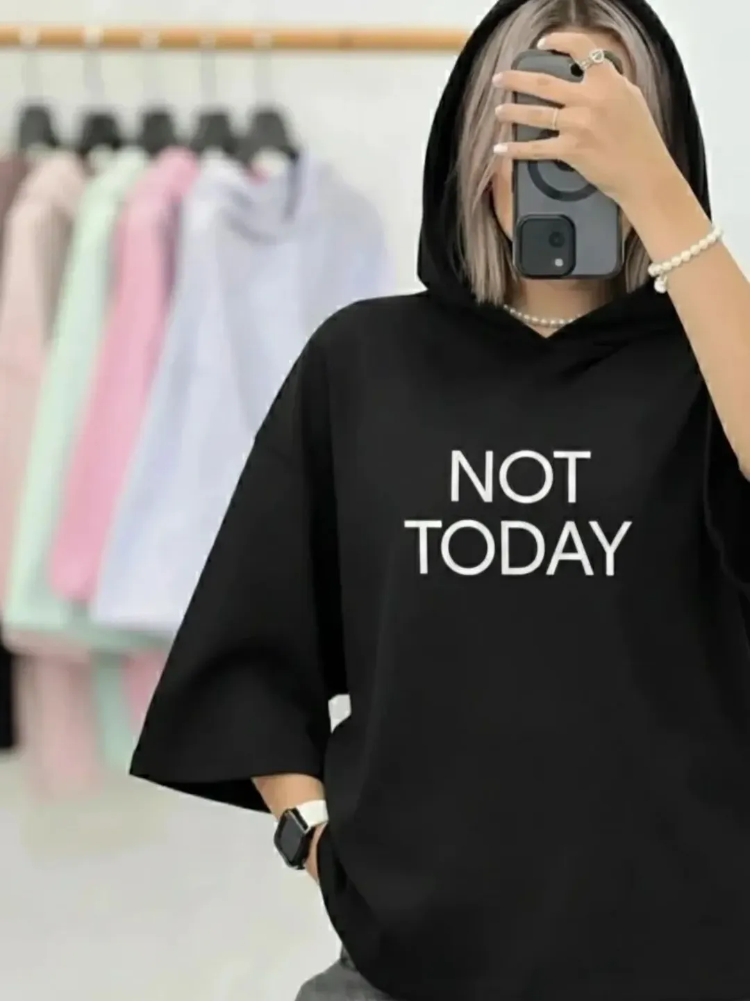 تیشرت باکسی کلاه دار NOT TODAY | فروشگاه الاستایل